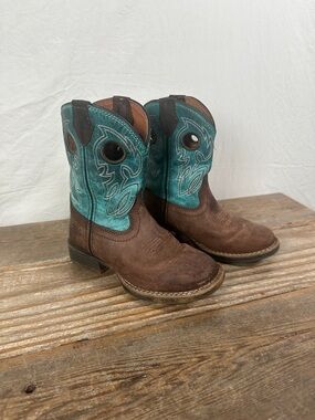 Justin Boots Brown Foot with Teal Shaft Kids Western Boots